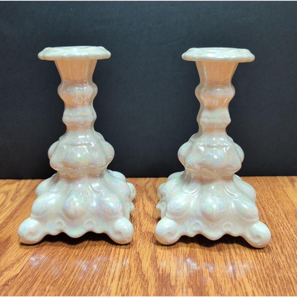 ​VTG White Opalescent Iridescent Glass Taper Candle Holders Set of 2 Baroque 7"